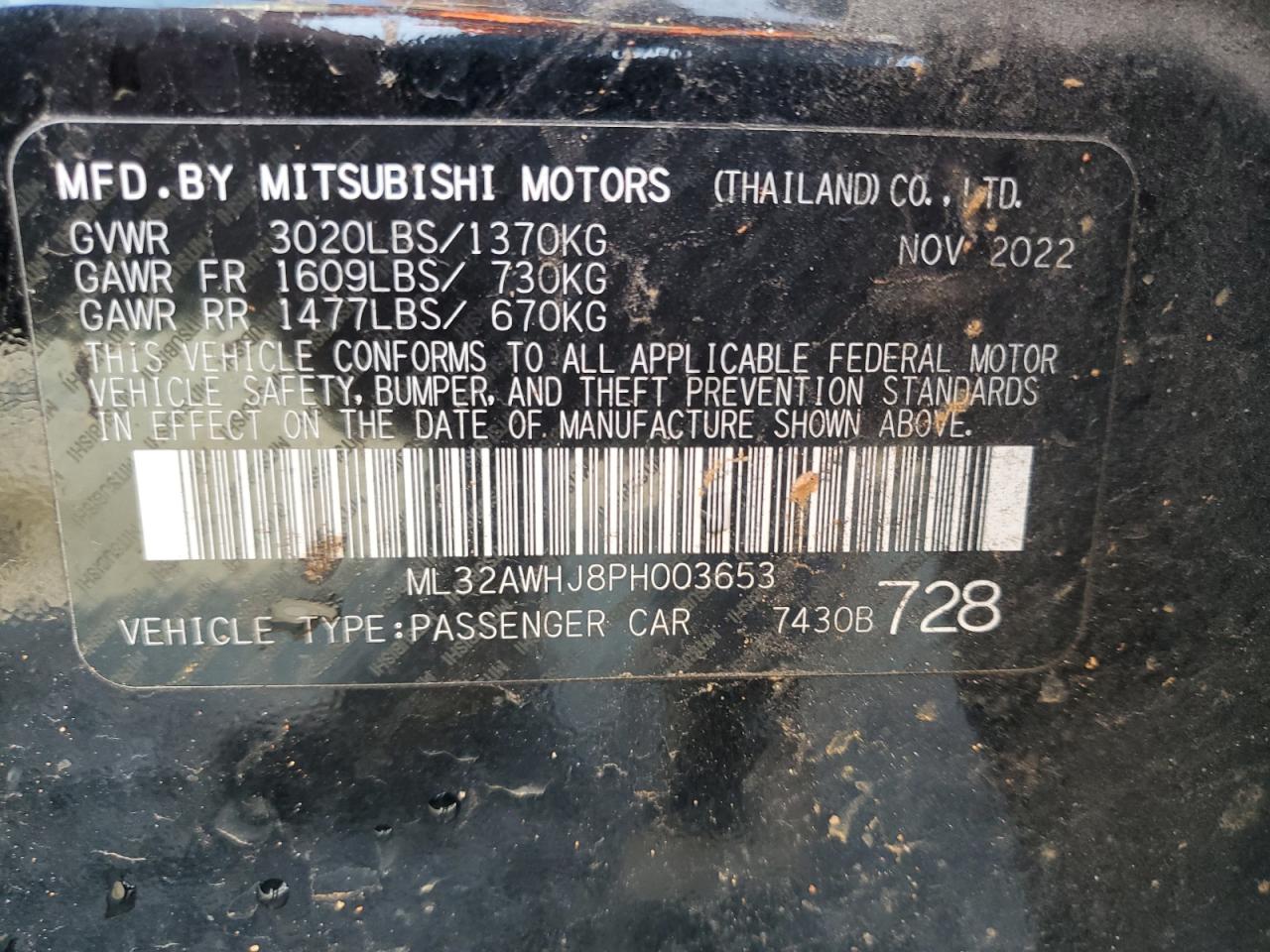 2023 MITSUBISHI MIRAGE SE VIN:ML32AWHJ8PH003653