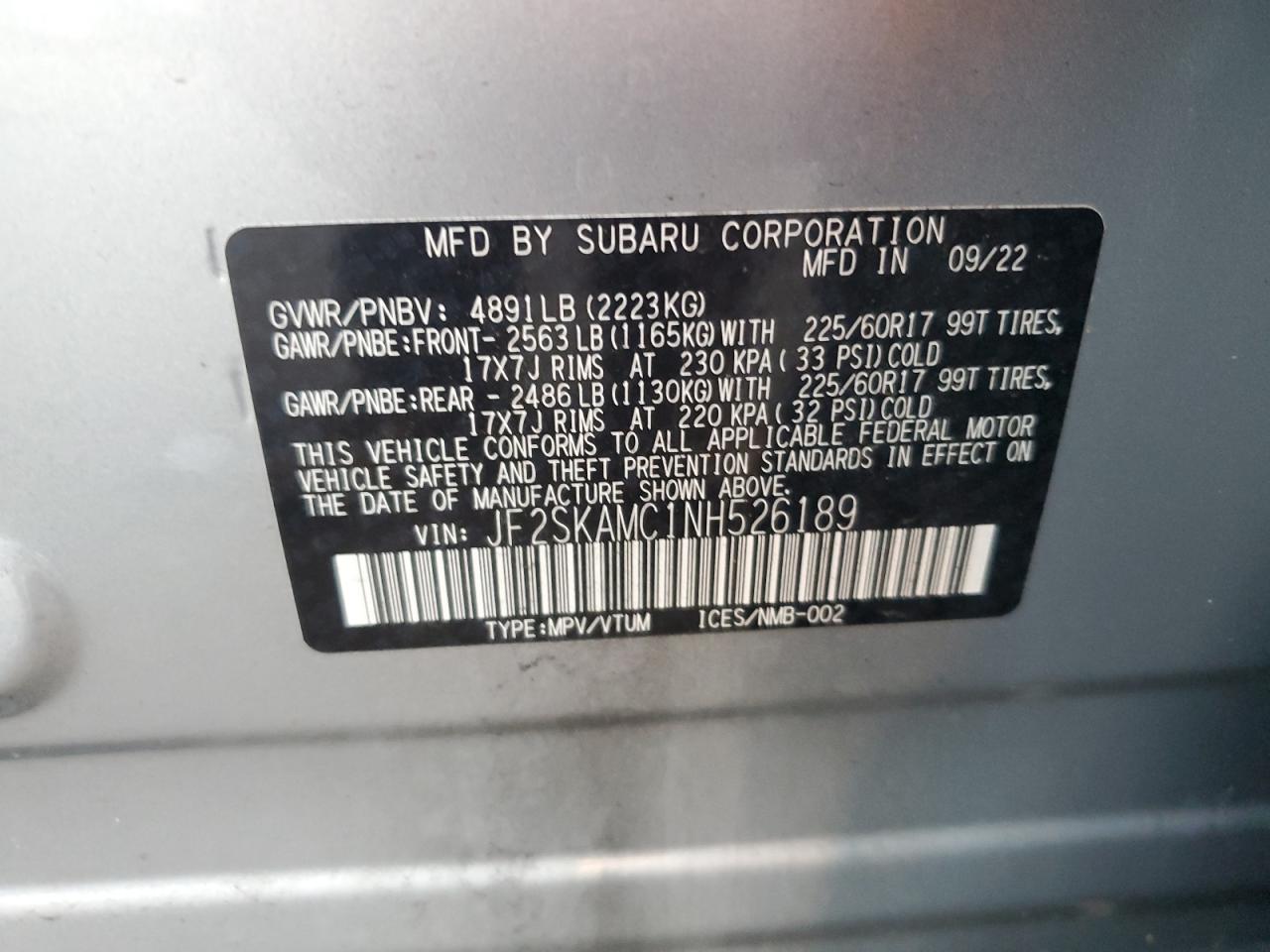 2022 SUBARU FORESTER WILDERNESS VIN:JF2SKAMC1NH526189