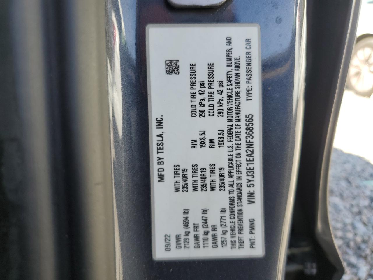 2022 TESLA MODEL 3  VIN:5YJ3E1EA2NF368565