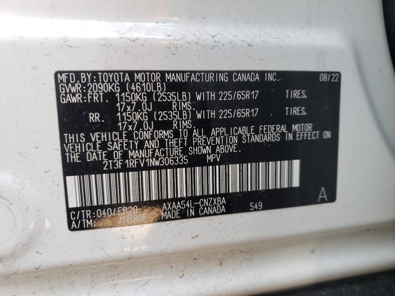 2022 TOYOTA RAV4 LE VIN:2T3F1RFV1NW306335