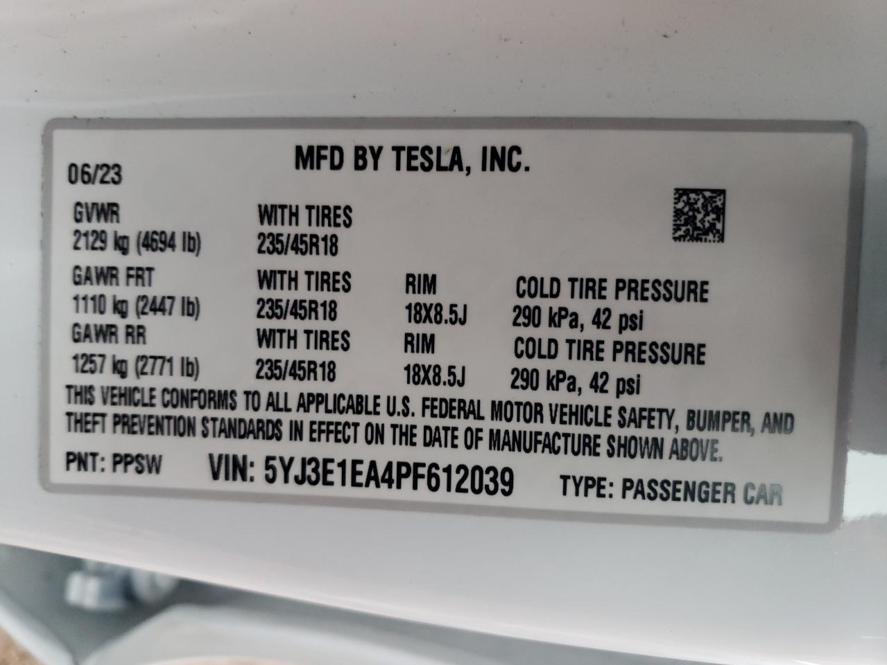 2023 TESLA MODEL 3  VIN:5YJ3E1EA4PF612039