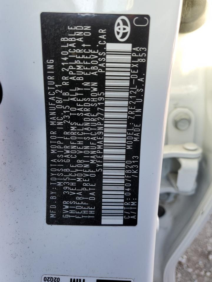 2022 TOYOTA COROLLA LE VIN:5YFEPMAE9NP277195