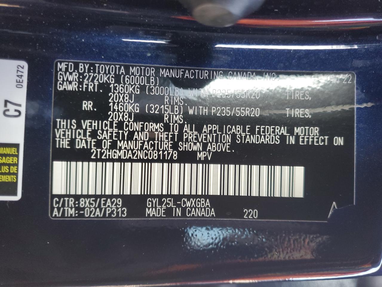 2022 LEXUS RX 450H VIN:2T2HGMDA2NC081178
