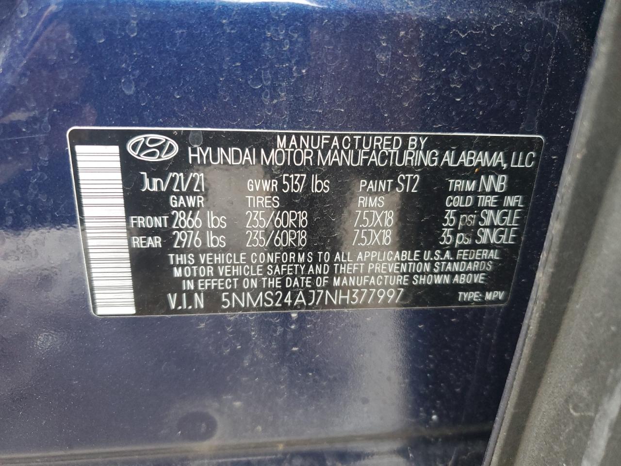 2022 HYUNDAI SANTA FE SEL VIN:5NMS24AJ7NH377997