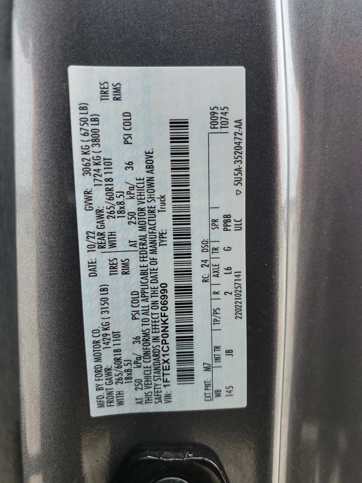 2022 FORD F150 SUPER CAB VIN:1FTEX1CP0NKF06990