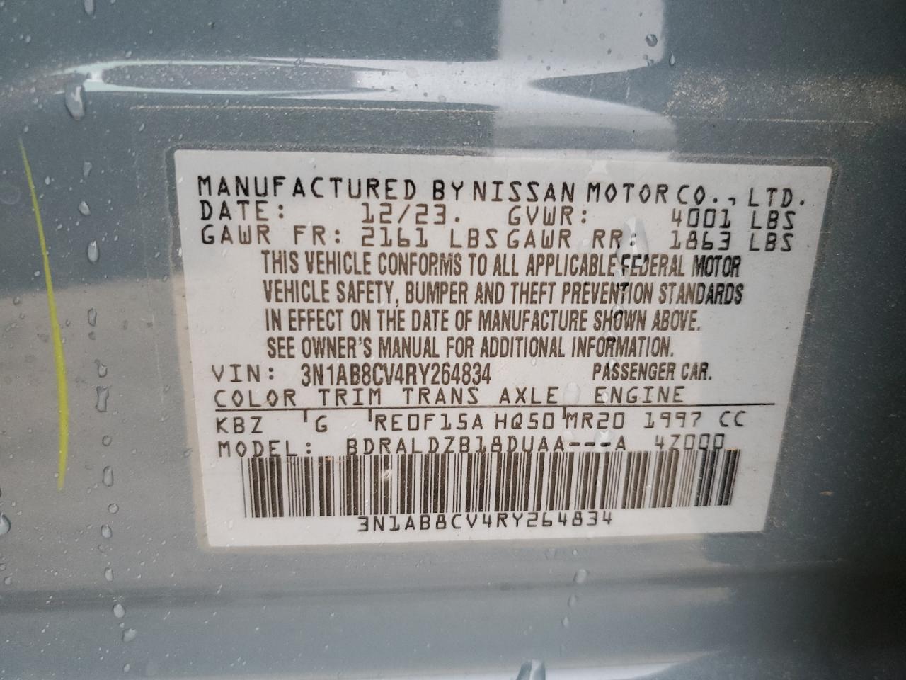 2024 NISSAN SENTRA SV VIN:3N1AB8CV4RY264834