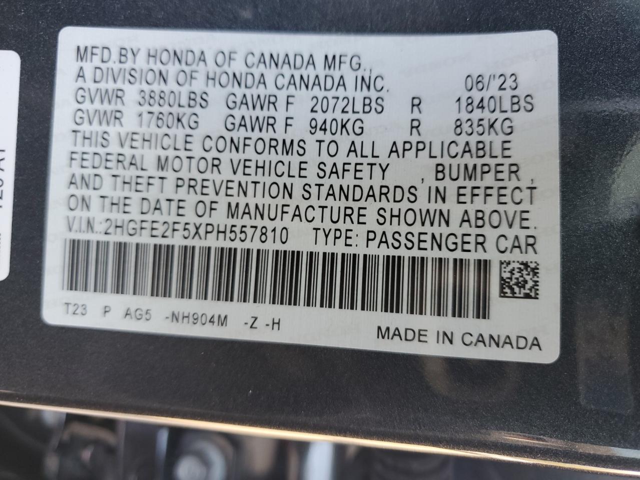 2023 HONDA CIVIC SPORT VIN:2HGFE2F5XPH557810