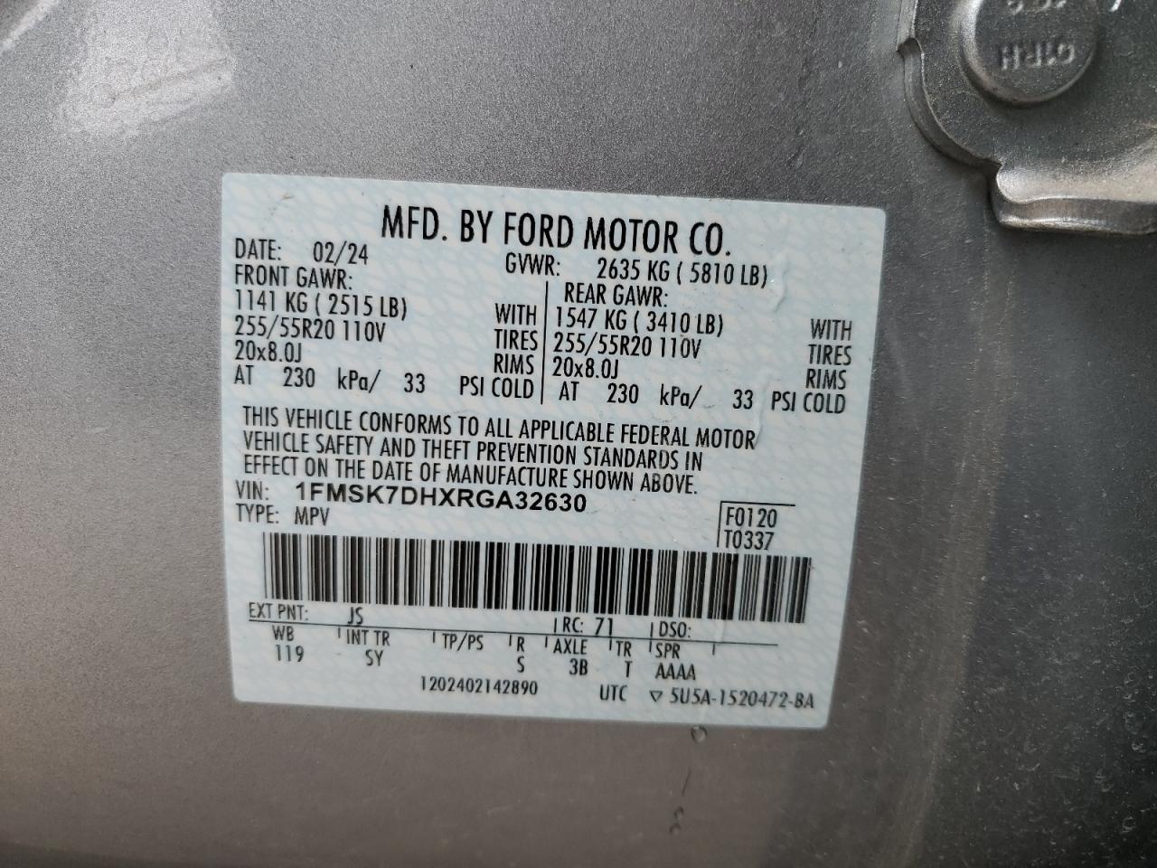 2024 FORD EXPLORER XLT VIN:1FMSK7DHXRGA32630