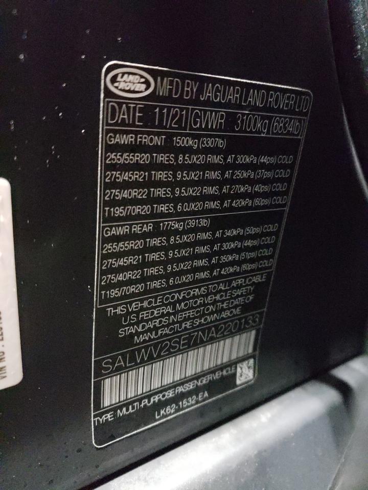 2022 LAND ROVER RANGE ROVER SPORT P525 AUTOBIOGRAPHY VIN:SALWV2SE7NA220133