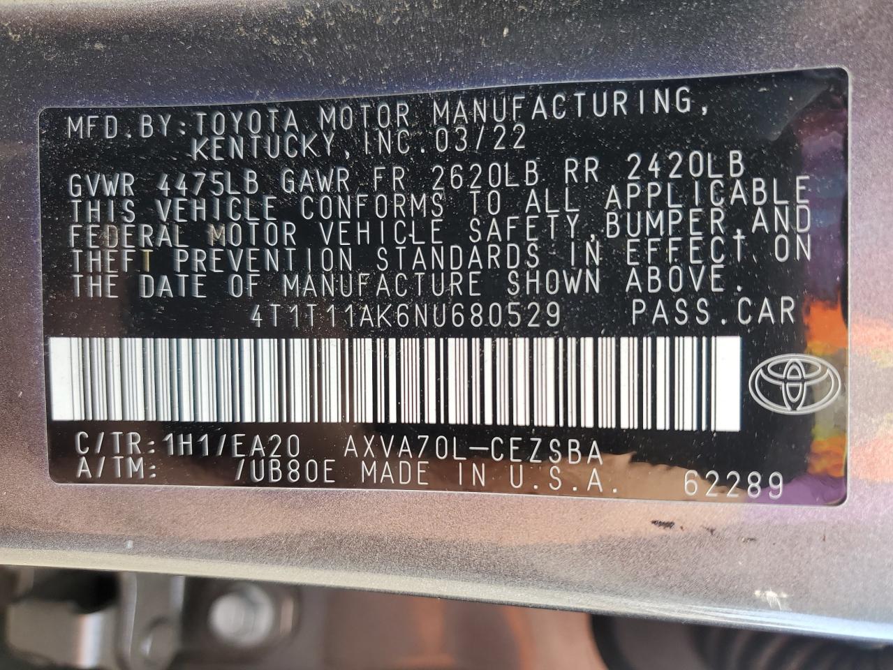 2022 TOYOTA CAMRY SE VIN:4T1T11AK6NU680529