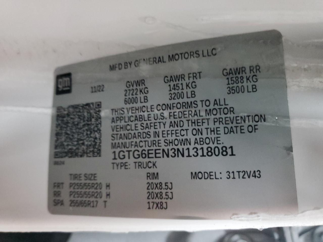 2022 GMC CANYON DENALI VIN:1GTG6EEN3N1318081