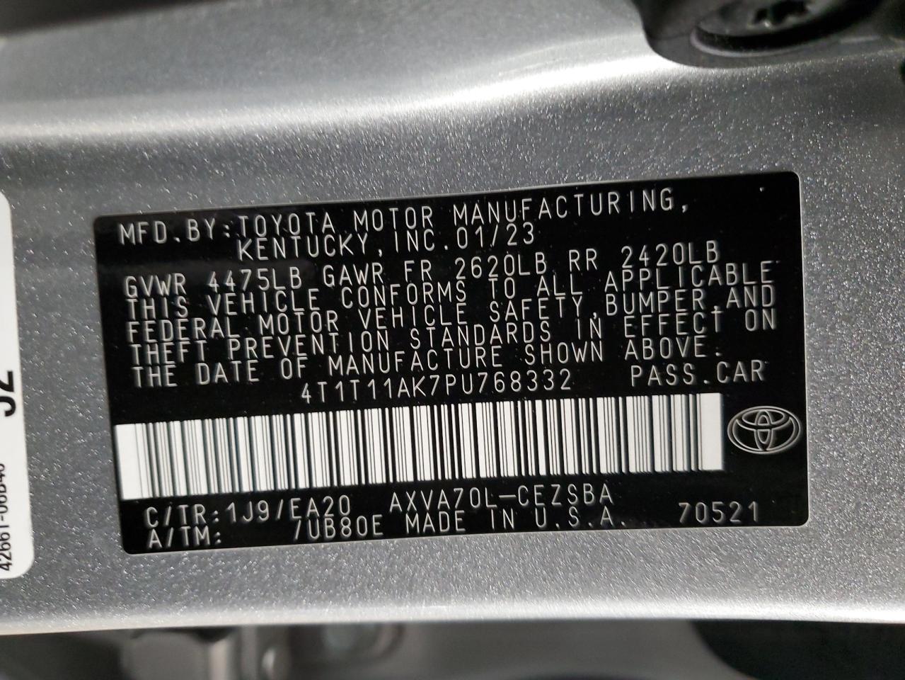 2023 TOYOTA CAMRY SE NIGHT SHADE VIN:4T1T11AK7PU768332