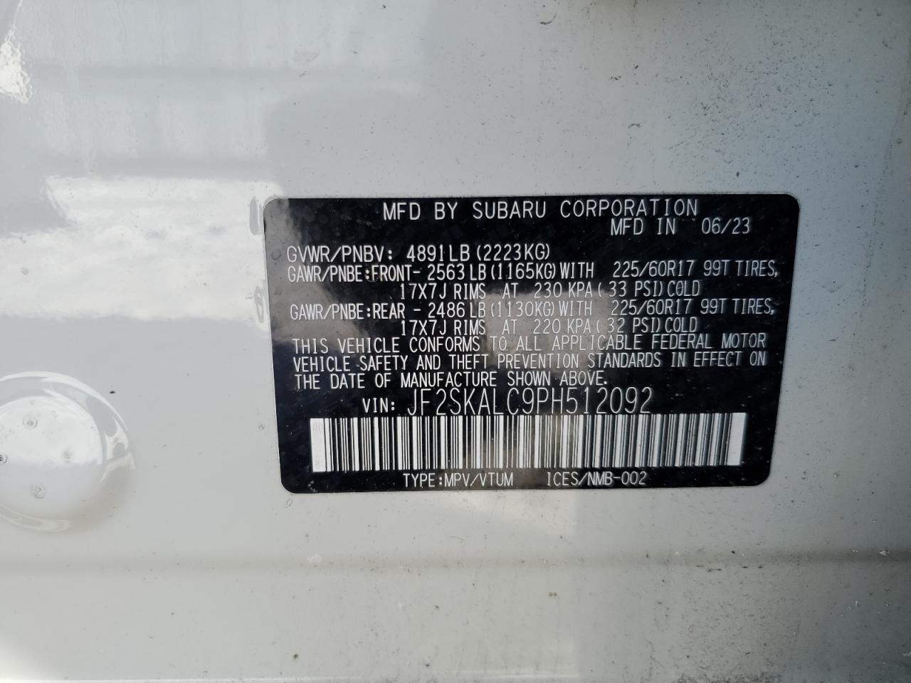 2023 SUBARU FORESTER WILDERNESS VIN:JF2SKALC9PH512092