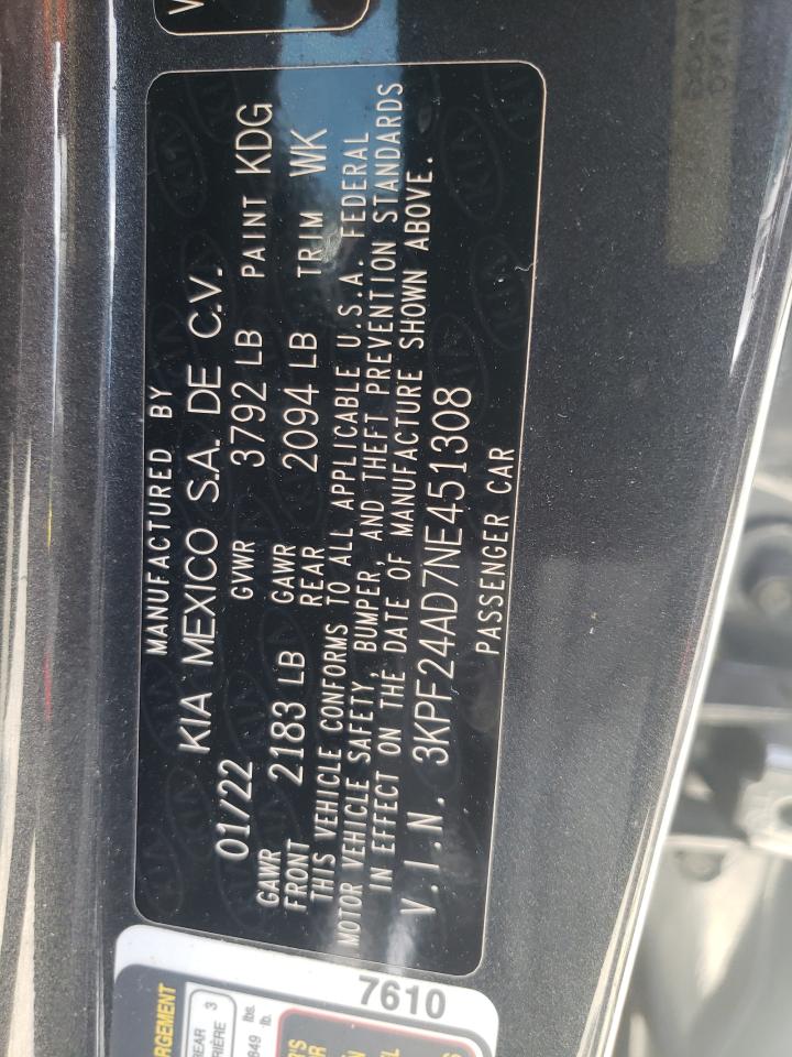 2022 KIA FORTE FE VIN:3KPF24AD7NE451308