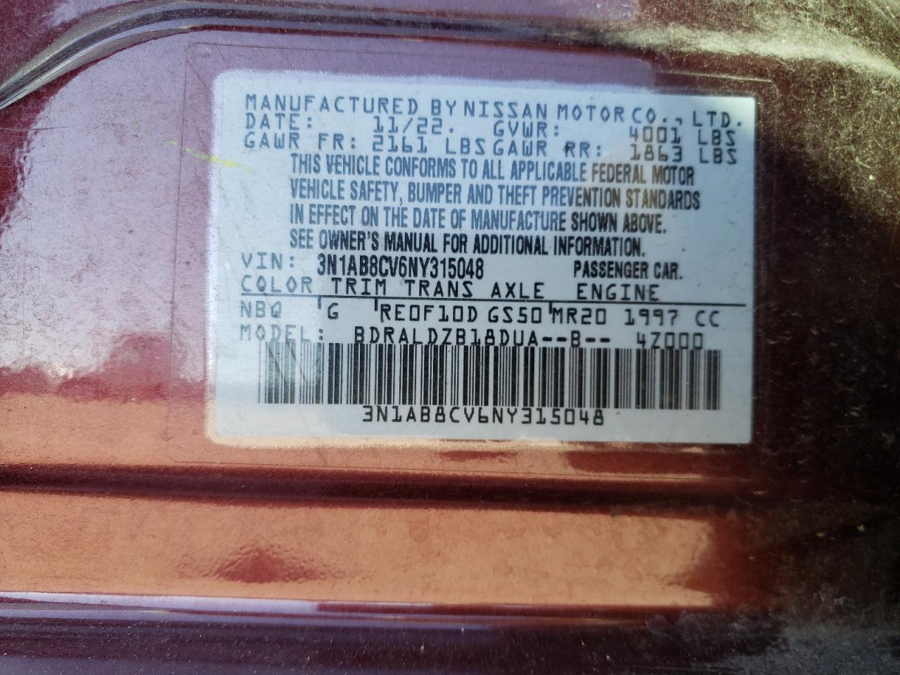 2022 NISSAN SENTRA SV VIN:3N1AB8CV6NY315048