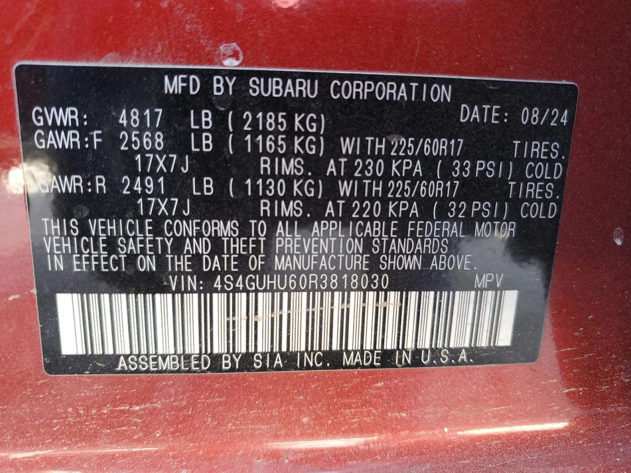 2024 SUBARU CROSSTREK WILDERNESS VIN:4S4GUHU60R3818030