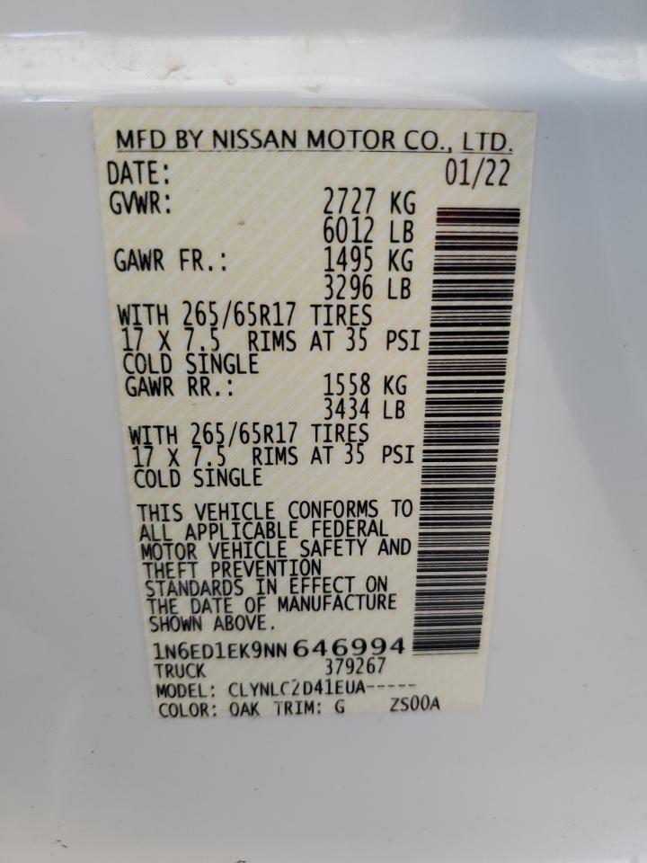 2022 NISSAN FRONTIER S VIN:1N6ED1EK9NN646994