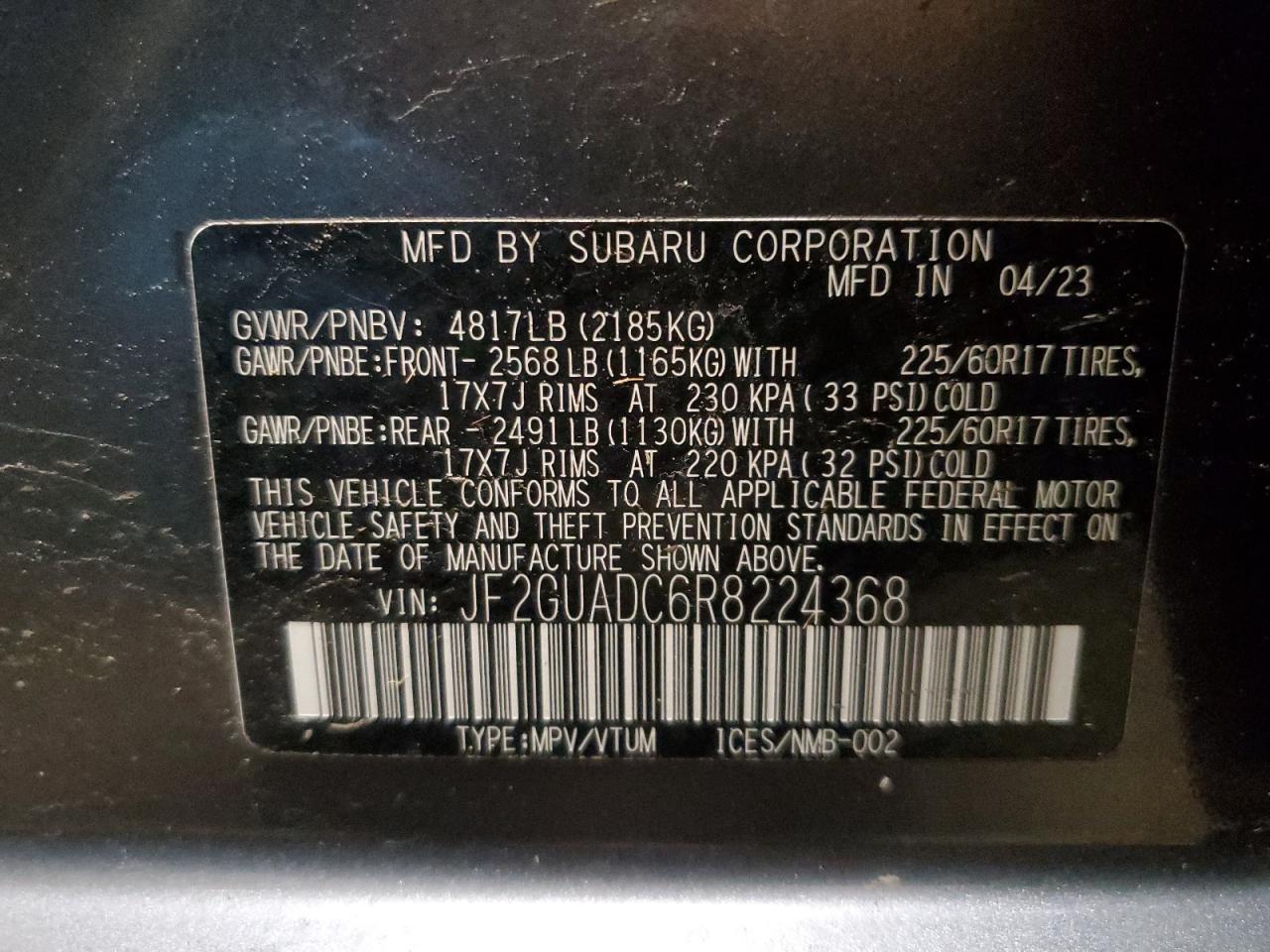 2024 SUBARU CROSSTREK PREMIUM VIN:JF2GUADC6R8224368