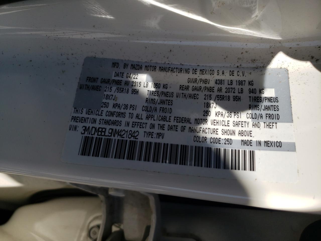 2022 MAZDA CX-30 SELECT VIN:3MVDMBBL9NM421842