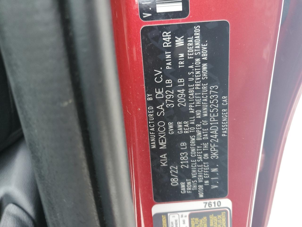 2023 KIA FORTE LX VIN:3KPF24AD1PE525373
