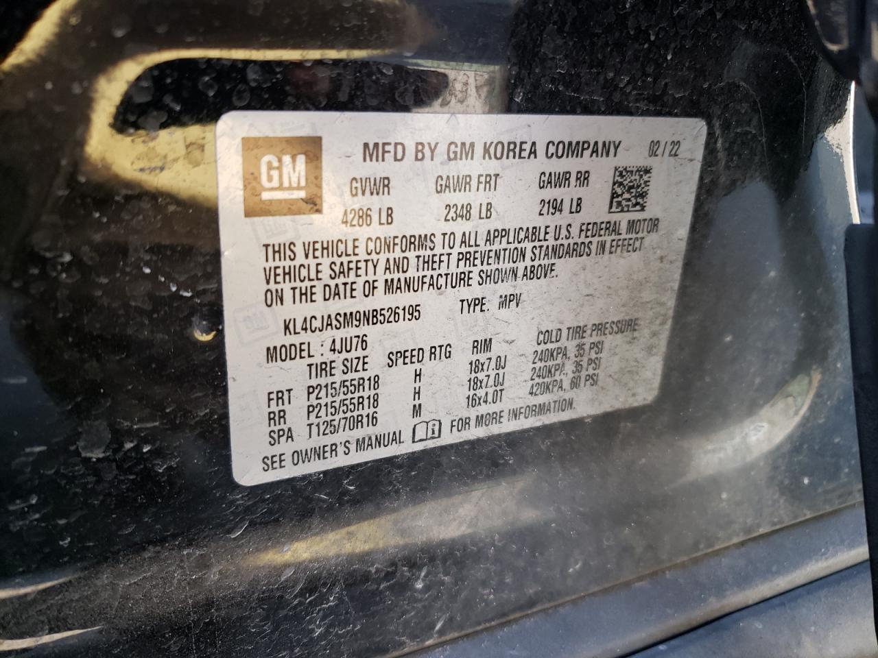 2022 BUICK ENCORE PREFERRED VIN:KL4CJASM9NB526195