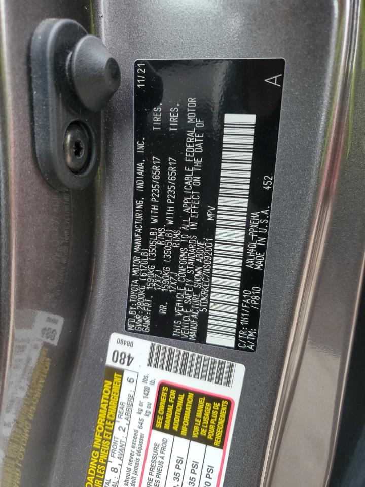 2022 TOYOTA SIENNA LE VIN:5TDKRKEC7NS092001