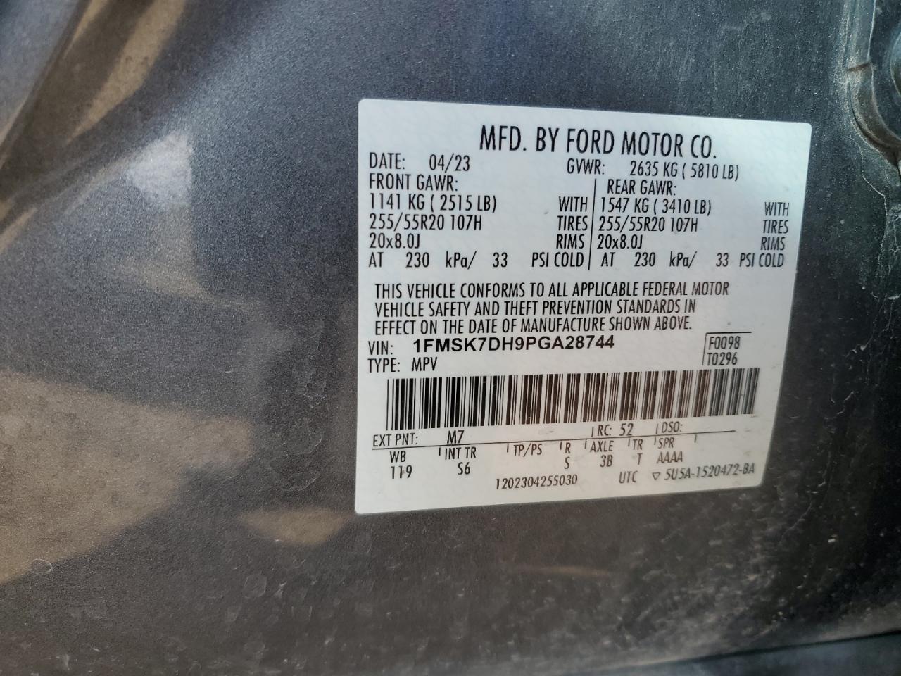 2023 FORD EXPLORER XLT VIN:1FMSK7DH9PGA28744