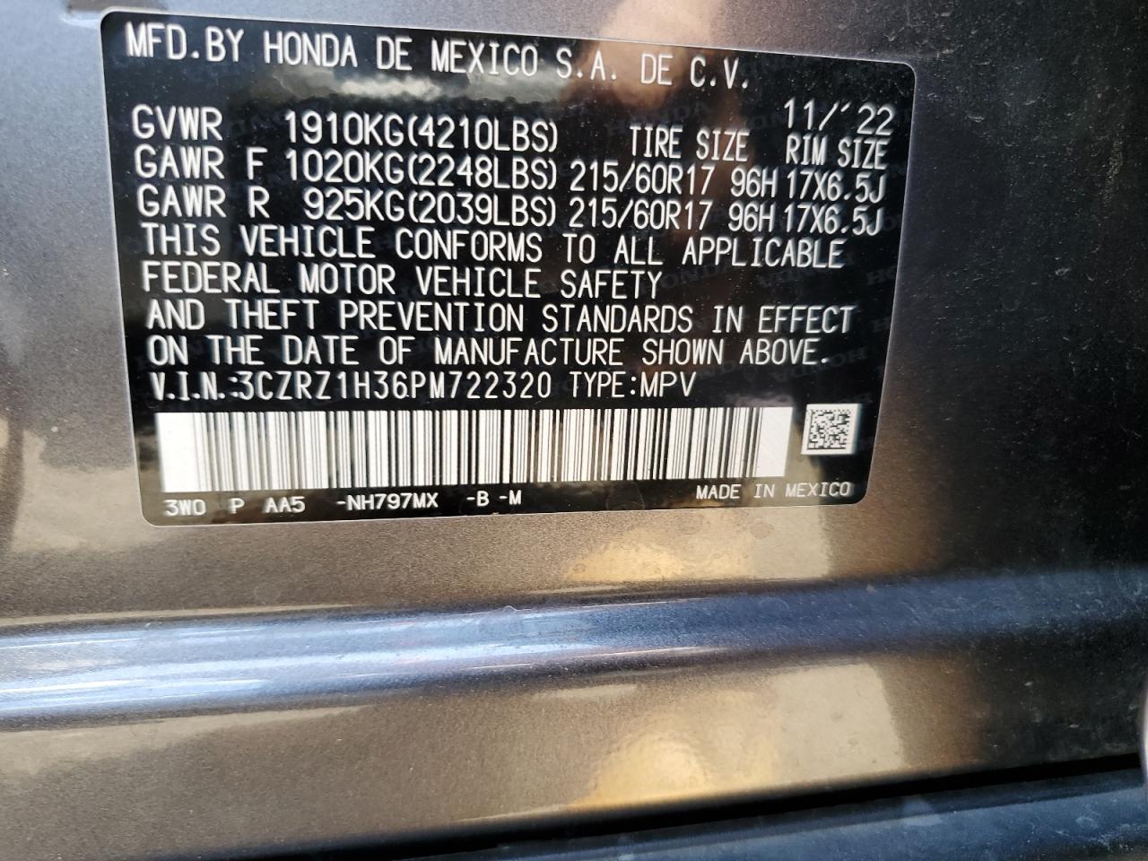 2023 HONDA HR-V LX VIN:3CZRZ1H36PM722320