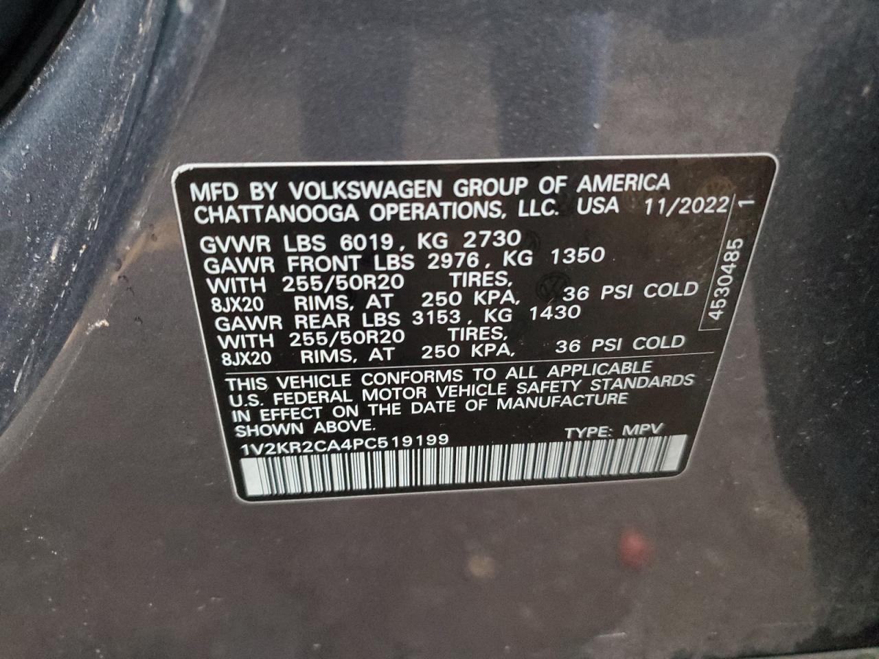 2023 VOLKSWAGEN ATLAS SE VIN:1V2KR2CA4PC519199
