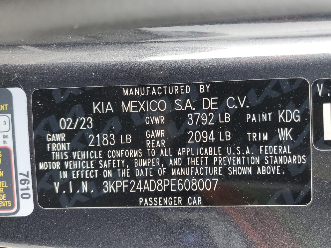 2023 KIA FORTE LX VIN:3KPF24AD8PE608007