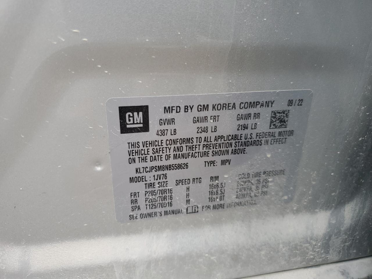 2022 CHEVROLET TRAX 1LT VIN:KL7CJPSM8NB558626