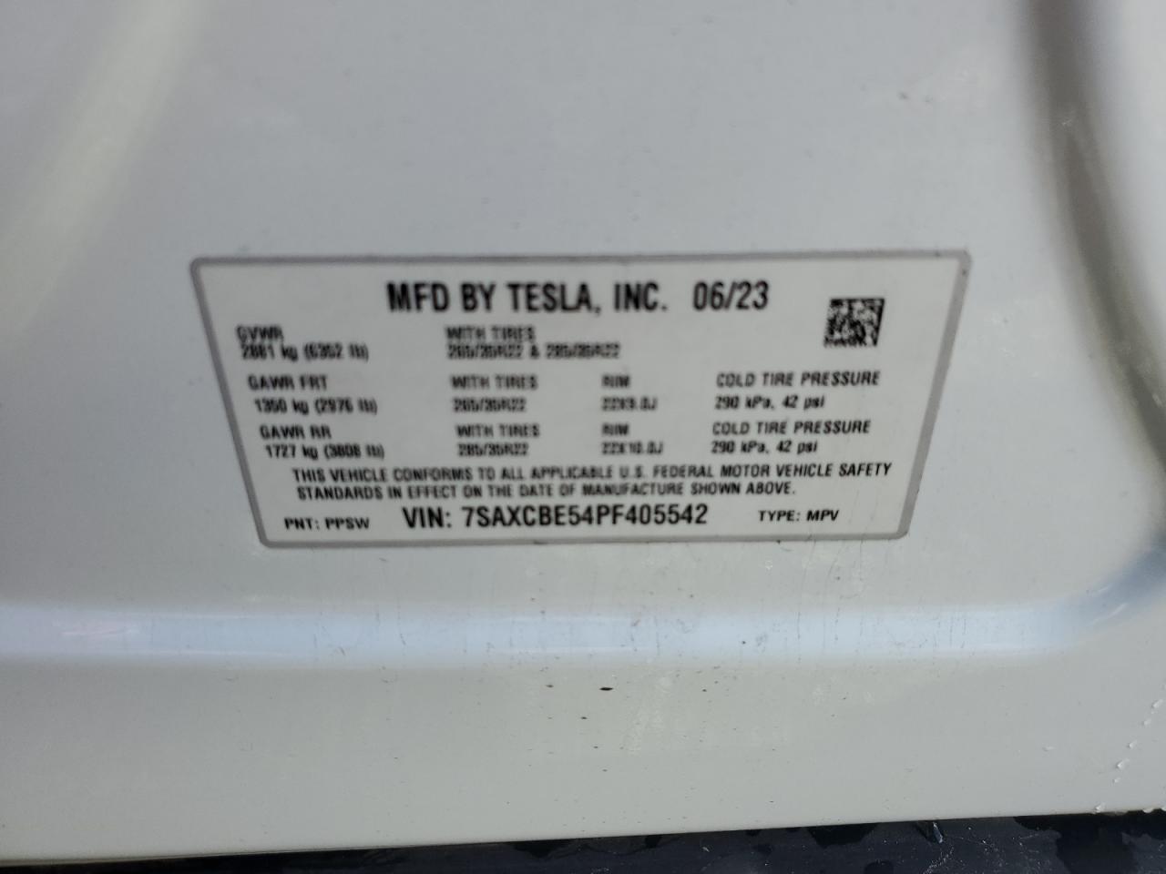 2023 TESLA MODEL X  VIN:7SAXCBE54PF405542