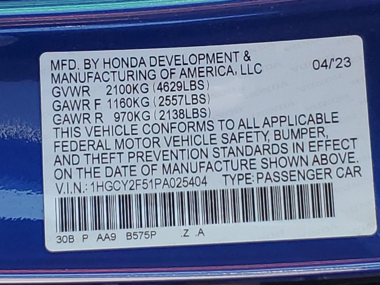 2023 HONDA ACCORD HYBRID SPORT VIN:1HGCY2F51PA025404