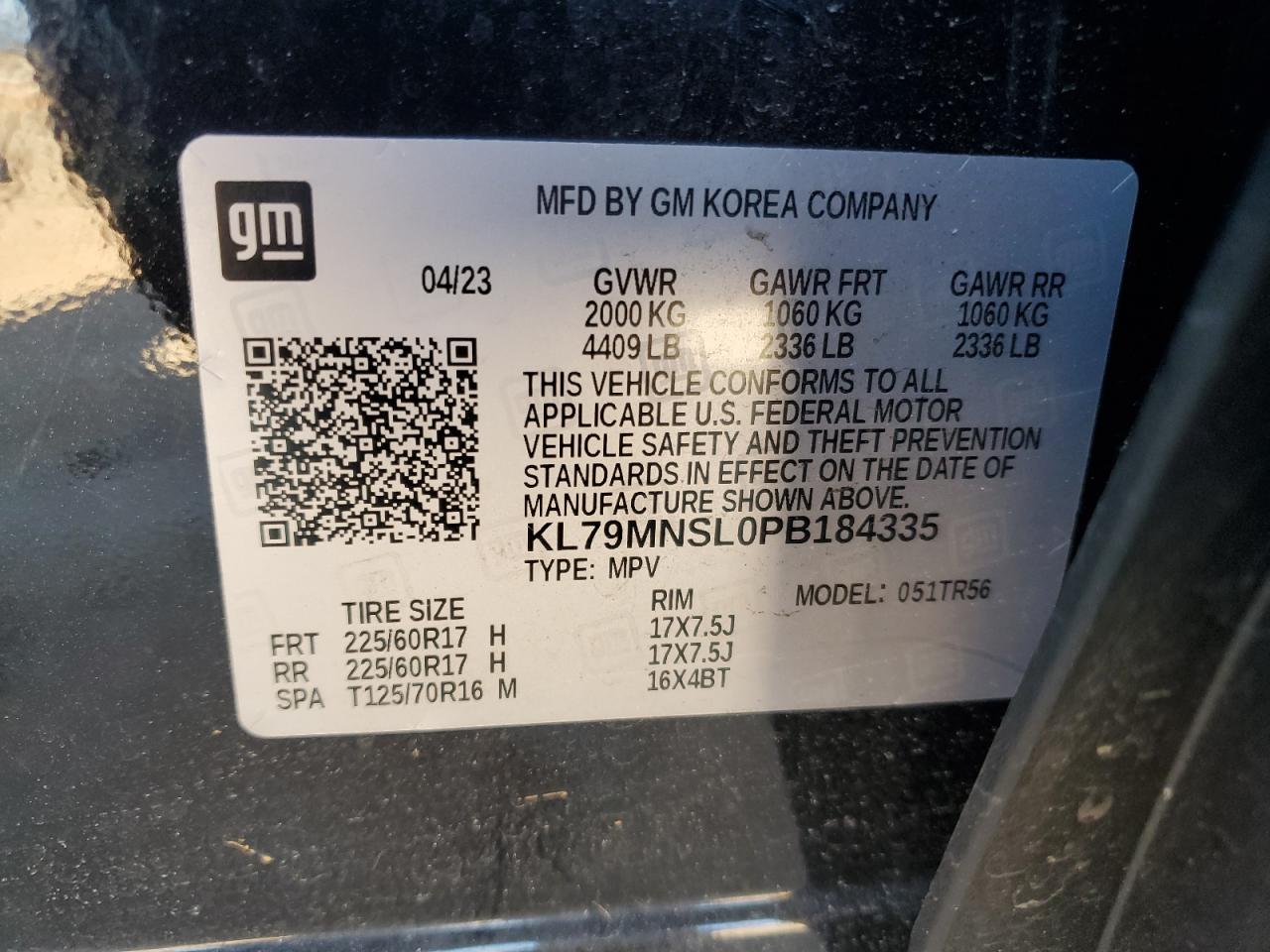 2023 CHEVROLET TRAILBLAZER LS VIN:KL79MNSL0PB184335