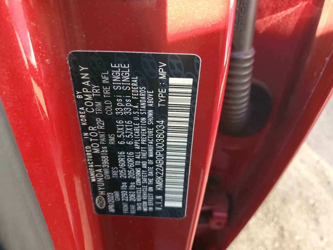 2023 HYUNDAI KONA SE VIN:KM8K22AB0PU038034