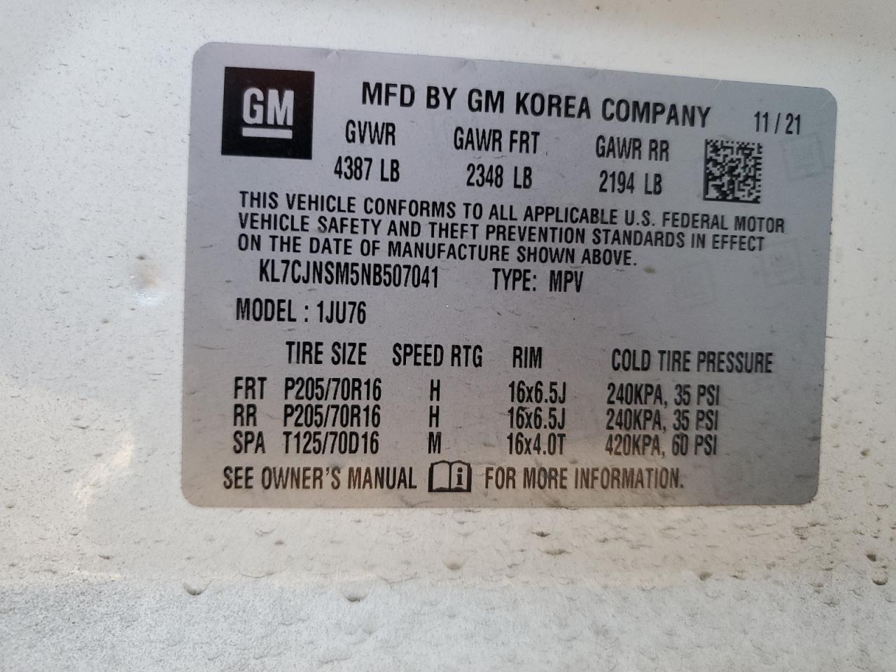 2022 CHEVROLET TRAX LS VIN:KL7CJNSM5NB507041