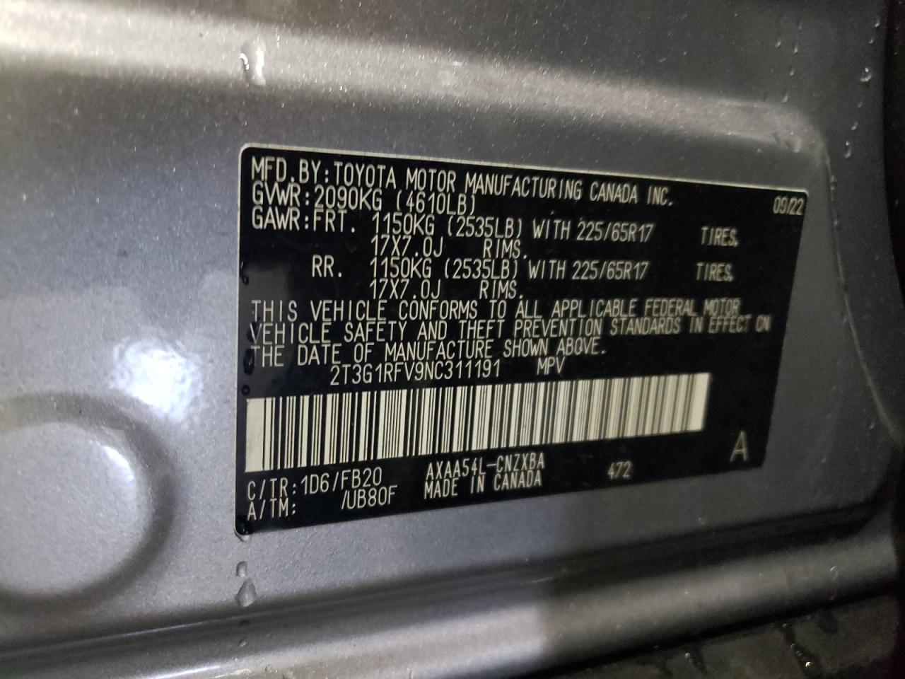 2022 TOYOTA RAV4 LE VIN:2T3G1RFV9NC311191