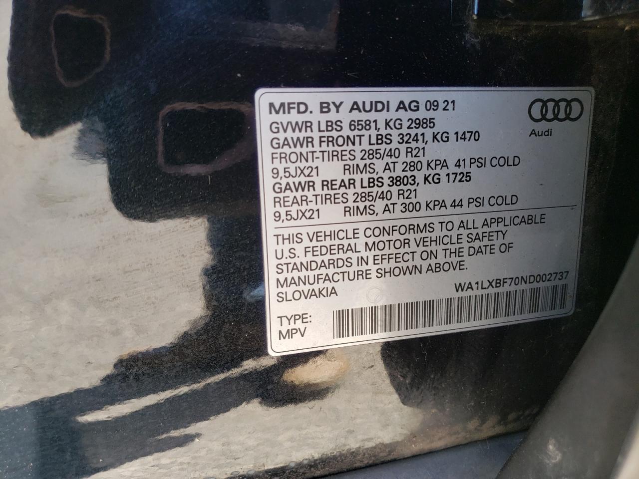 2022 AUDI Q7 PREMIUM PLUS VIN:WA1LXBF70ND002737