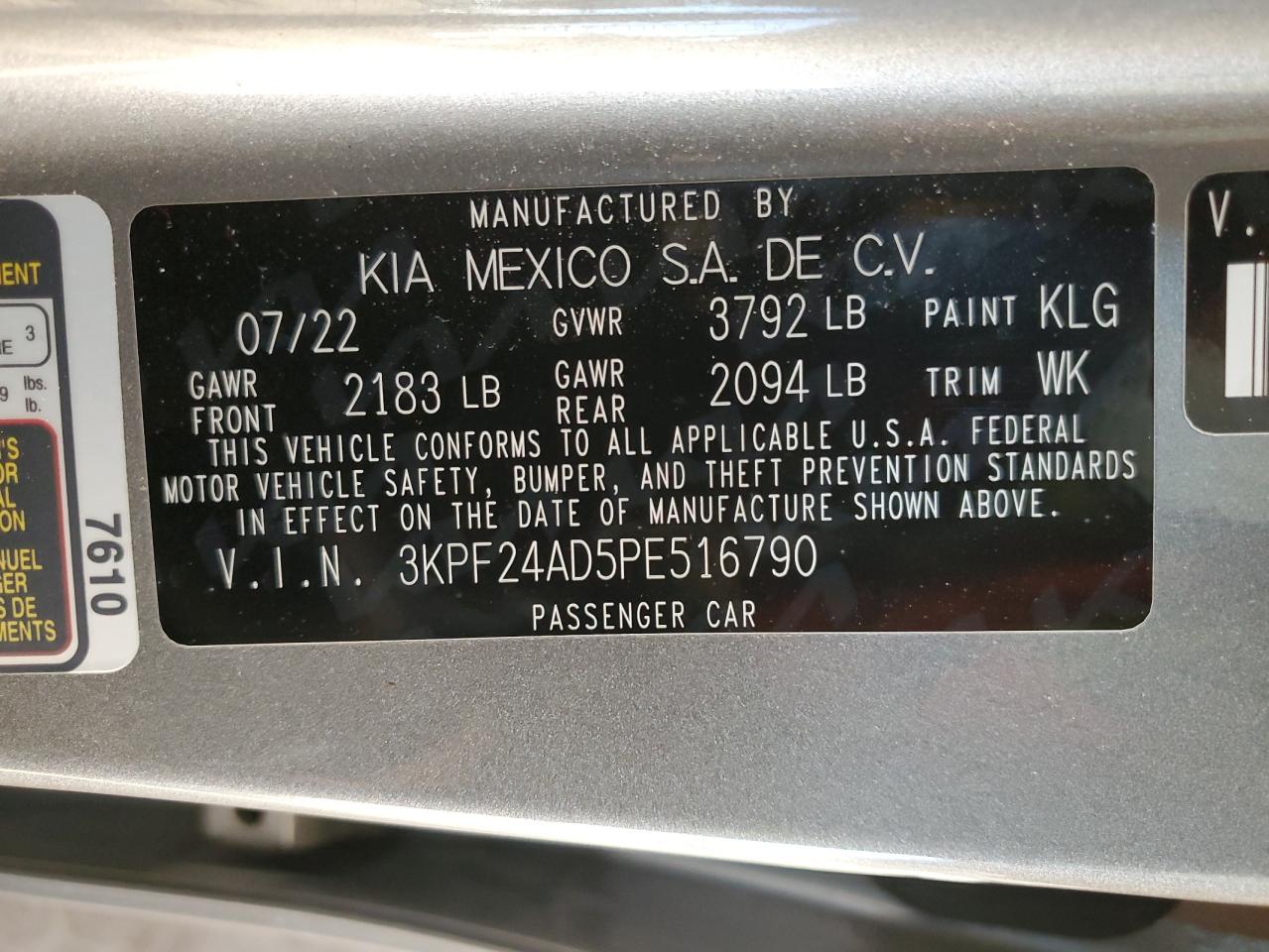 2023 KIA FORTE LX VIN:3KPF24AD5PE516790