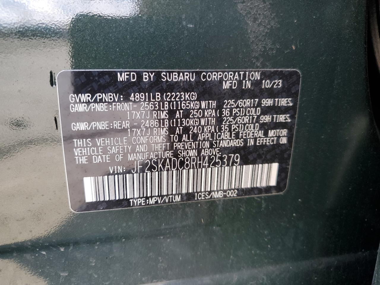 2024 SUBARU FORESTER PREMIUM VIN:JF2SKADC8RH425379