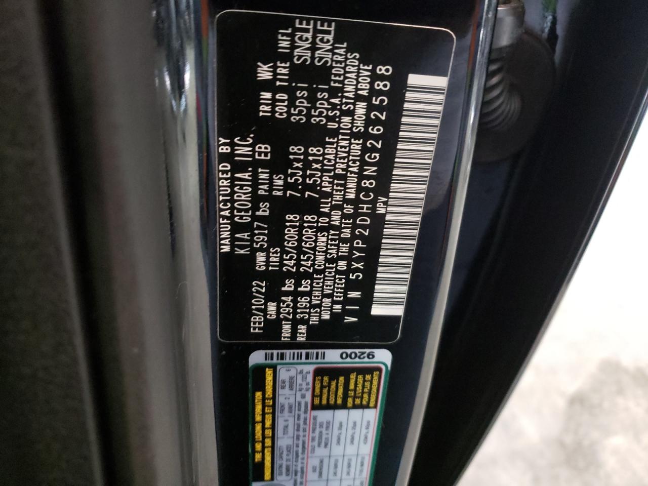 2022 KIA TELLURIDE LX VIN:5XYP2DHC8NG262588