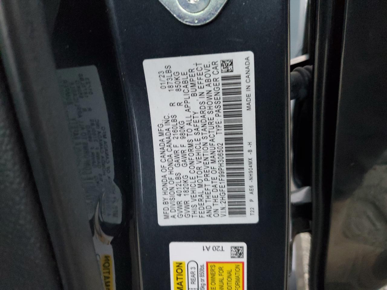 2023 HONDA CIVIC TOURING VIN:2HGFE1F99PH306502