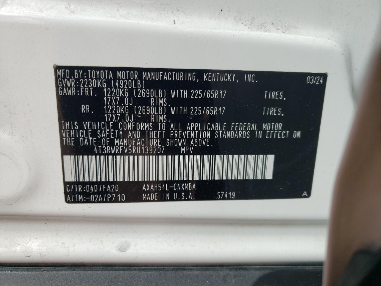 2024 TOYOTA RAV4 XLE VIN:4T3RWRFV5RU139207