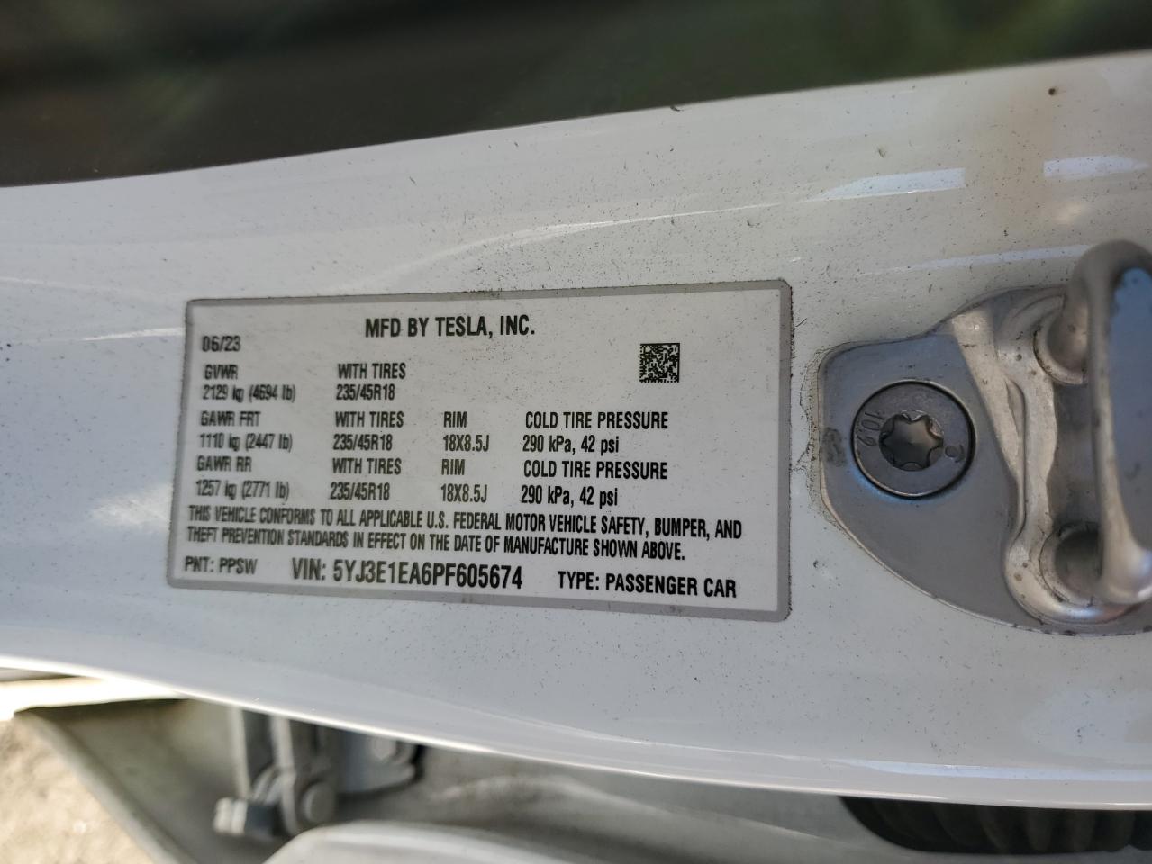 2023 TESLA MODEL 3  VIN:5YJ3E1EA6PF605674