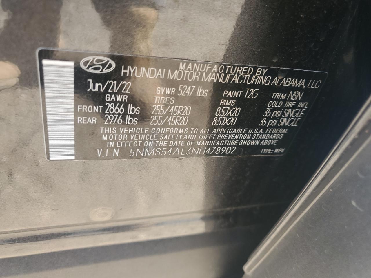 2022 HYUNDAI SANTA FE CALLIGRAPHY VIN:5NMS54AL3NH478902