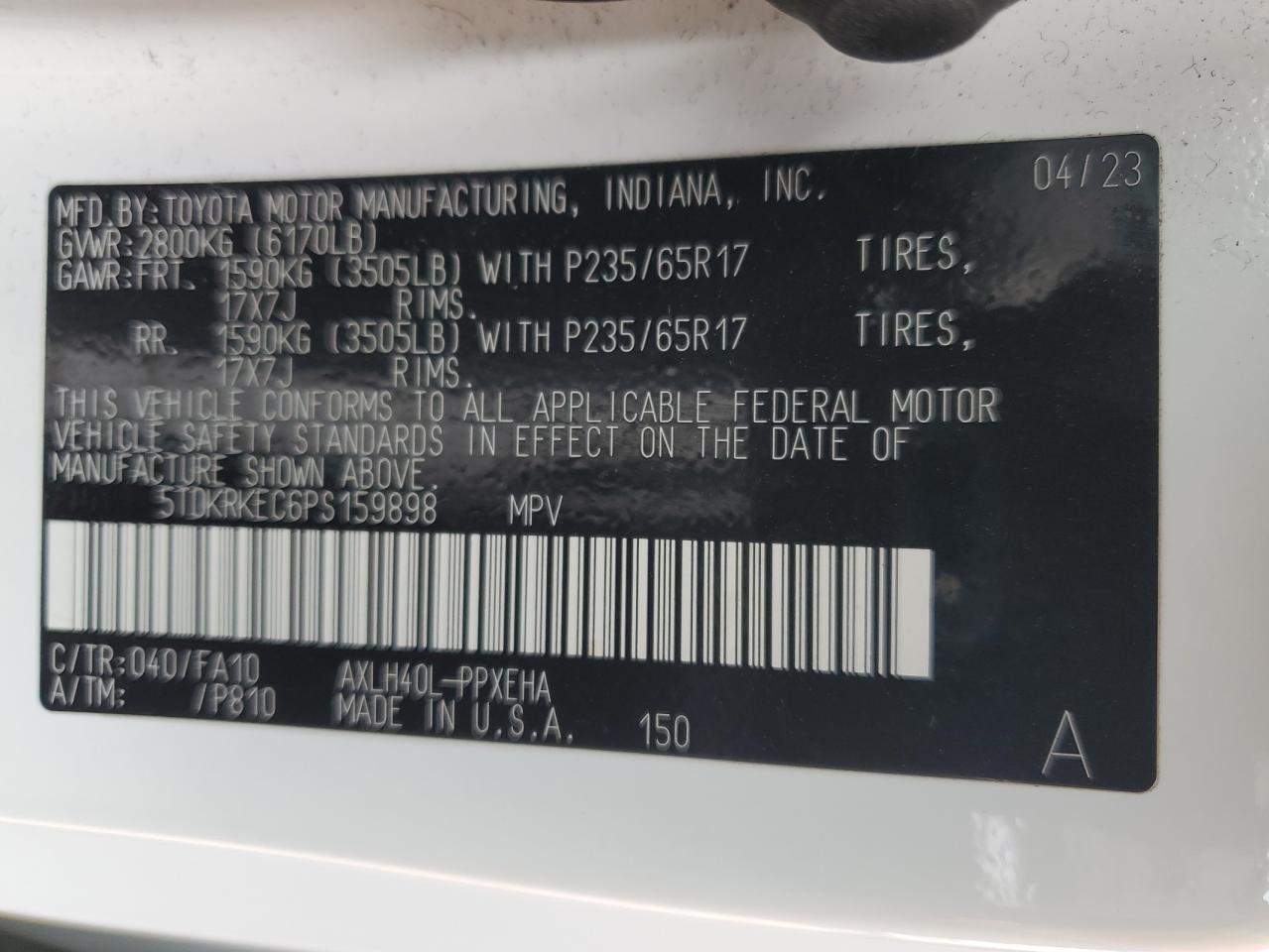 2023 TOYOTA SIENNA LE VIN:5TDKRKEC6PS159898