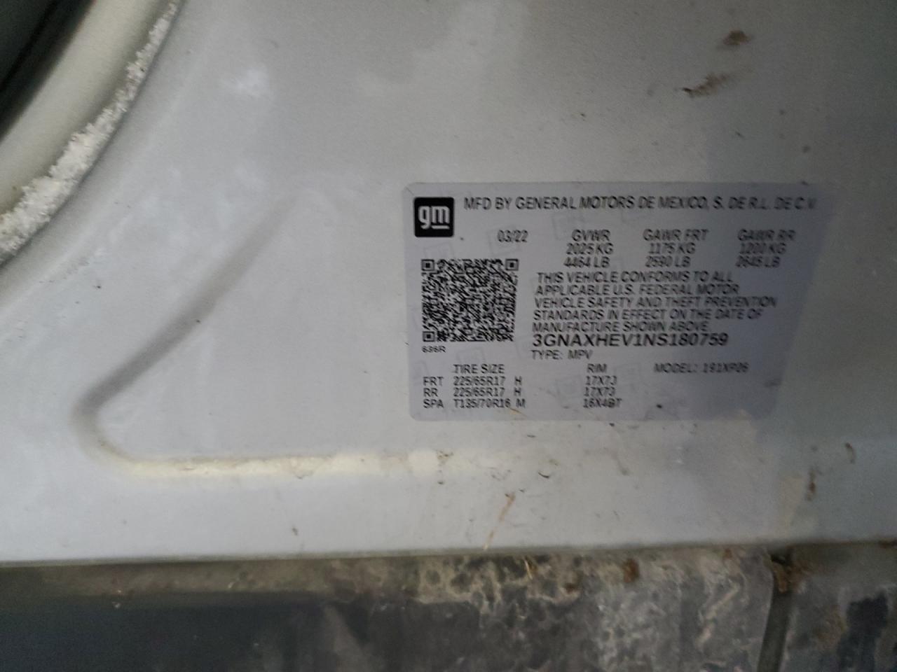 2022 CHEVROLET EQUINOX LS VIN:3GNAXHEV1NS180759