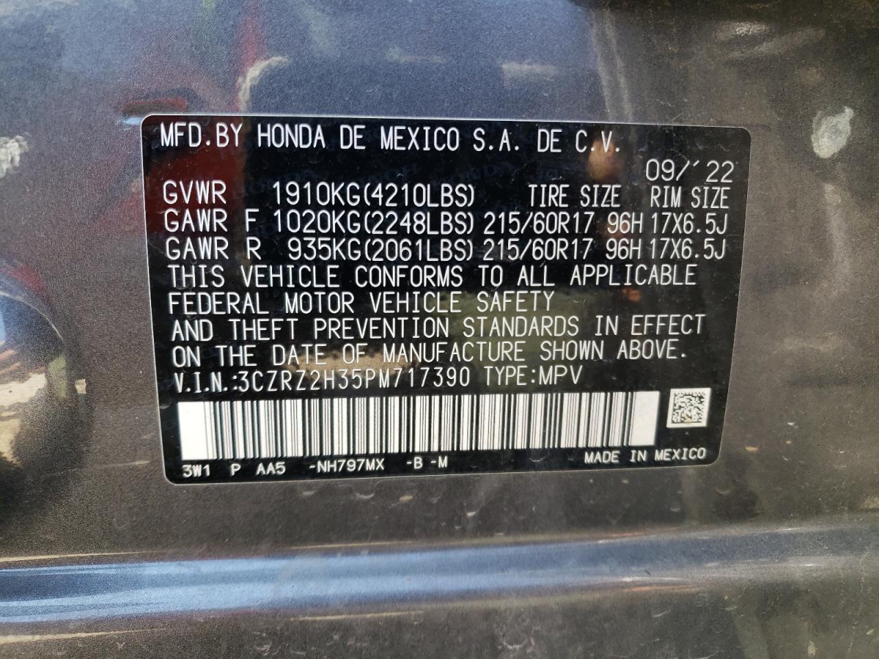 2023 HONDA HR-V LX VIN:3CZRZ2H35PM717390