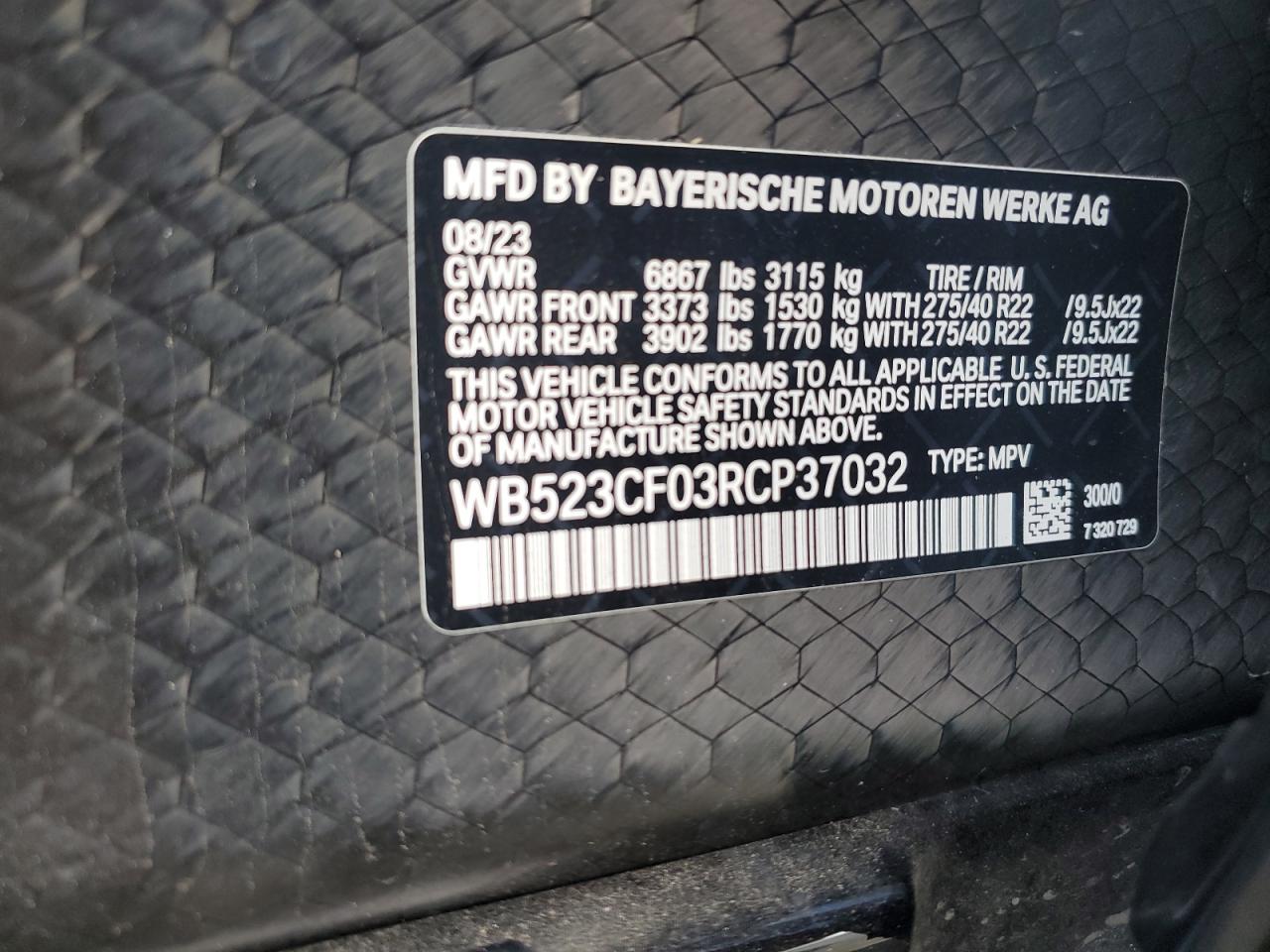 2024 BMW IX XDRIVE50 VIN:WB523CF03RCP37032