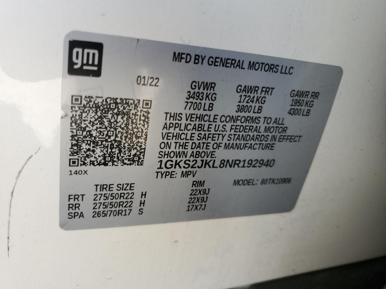 2022 GMC YUKON XL DENALI VIN:1GKS2JKL8NR192940